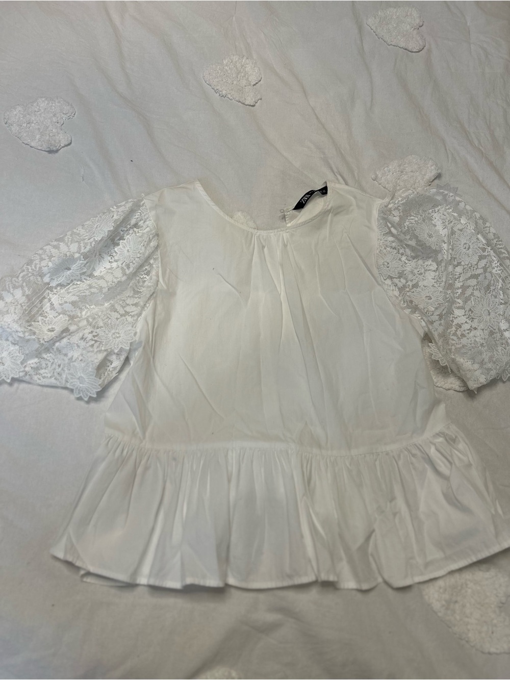 Zara White Lace Puff Sleeve Peplum Blouse